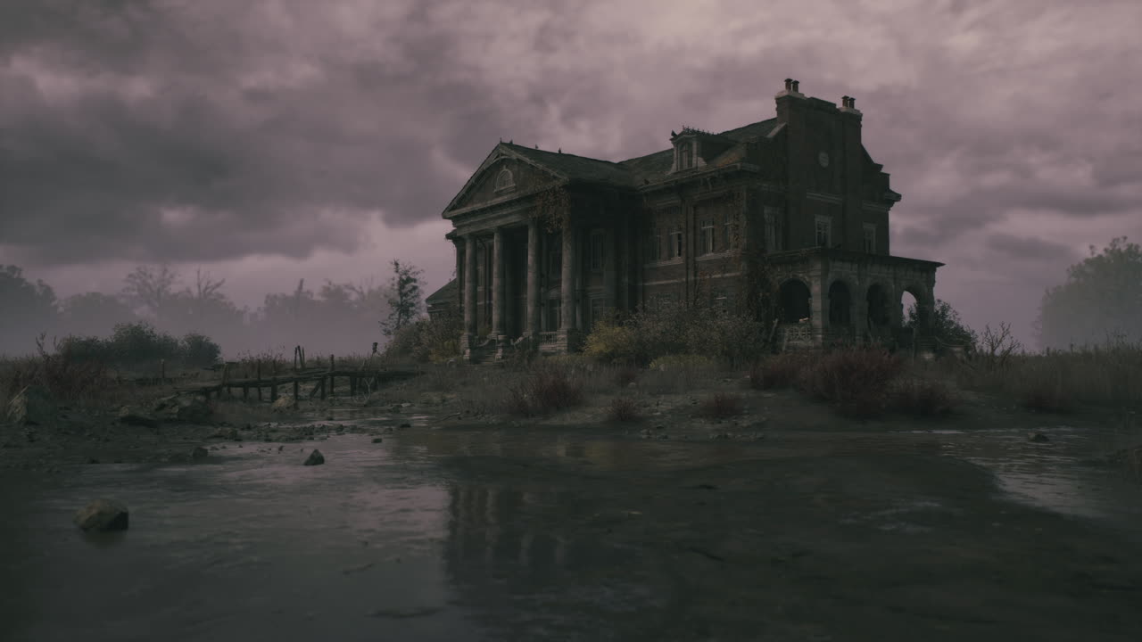 Haunted mansion in a desolate landscape under gloomy sky at dusk