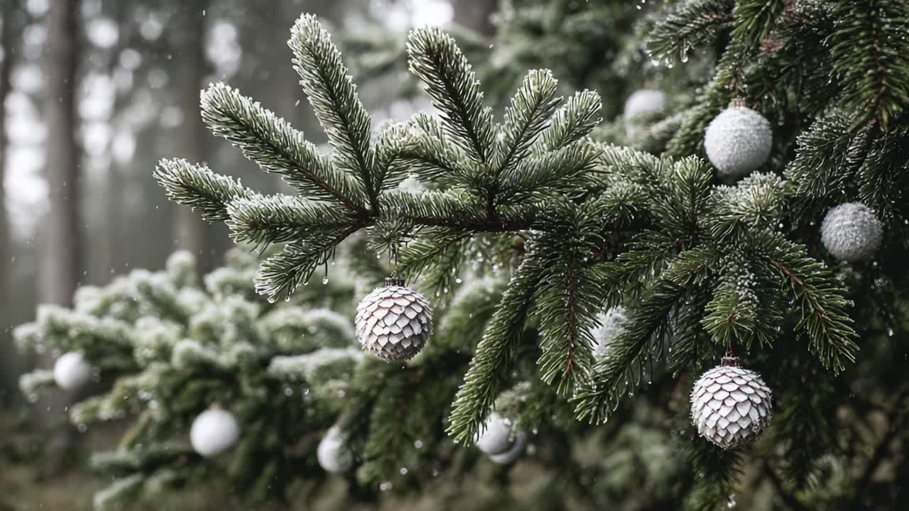 A Frosted Pine Tree Branch Adorned with Shimmering Ornaments, Capturing a Serene Winter Scene Filled with Tranquility and Holiday Charm in a Forest Setting