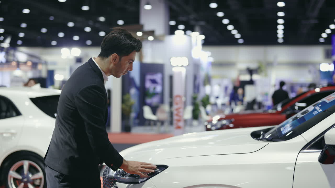 Man Examining a Car at an Auto Show