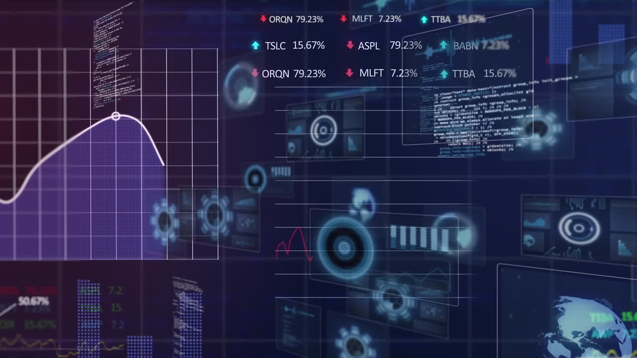 Animation of round scanners, statistical and stock market data processing on purple background