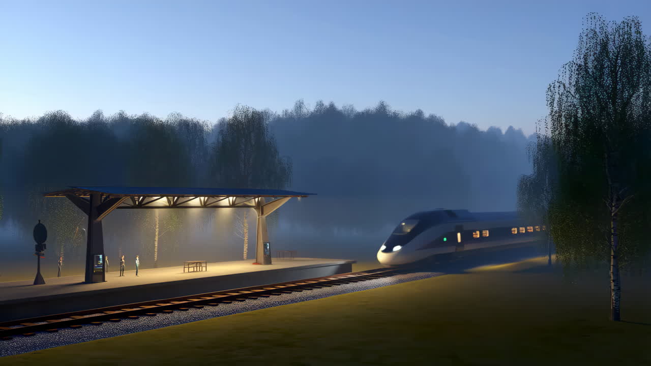 High-Speed Train at a Station at Dusk