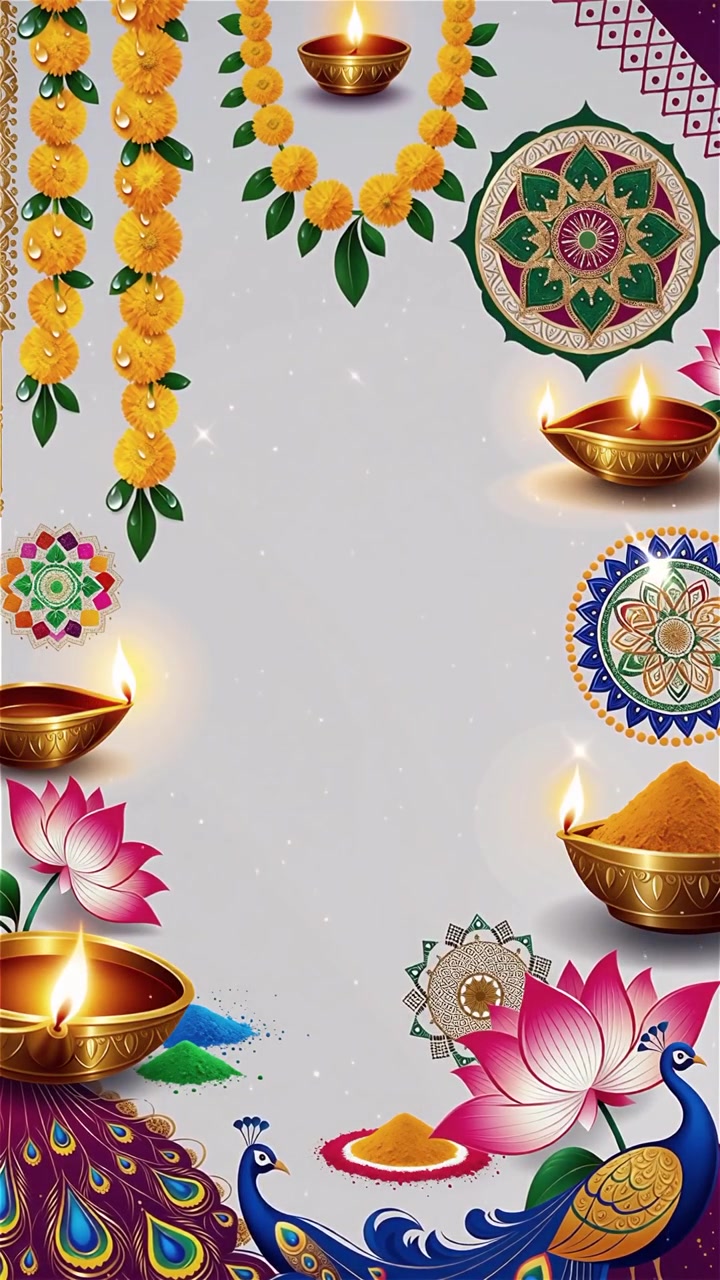 Sfondo Diwali con Diyas luminosi, Rangoli e fiori di loto