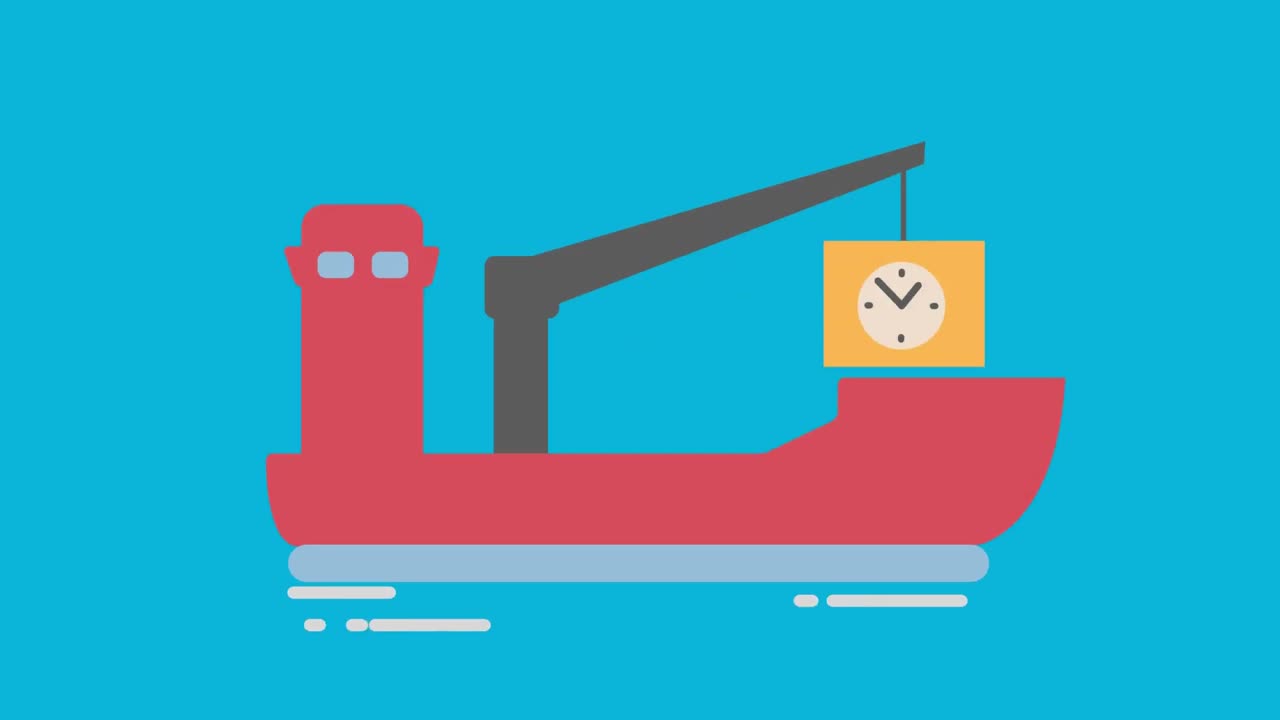 배 아이콘의 디지털 애니메이션 배달 패키지 상자를 운반하고 파란색 배경에 틱하는 시계