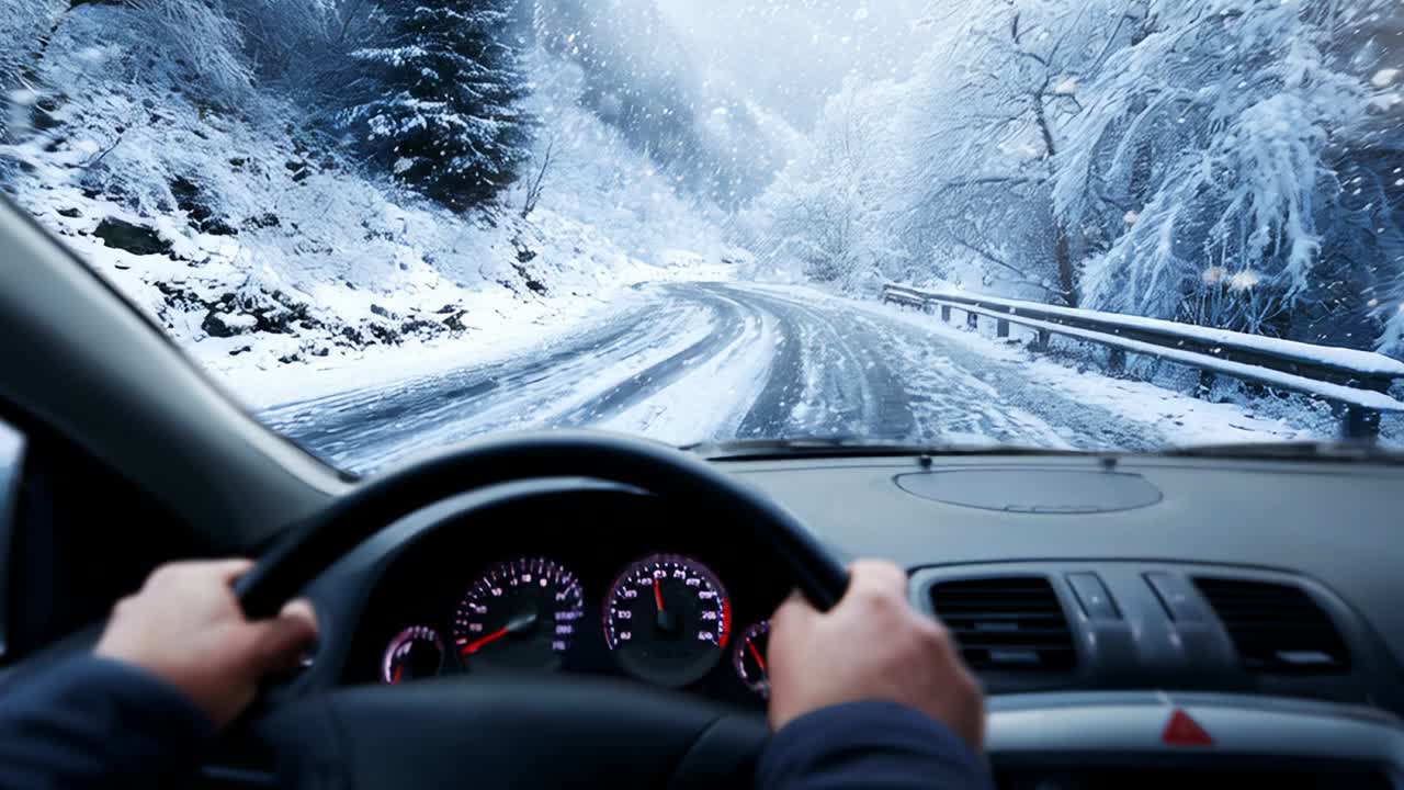 A serene winter drive through a snow-covered landscape, showcasing the beauty and tranquility of a snowy road as the driver navigates along a winding path surrounded by pine trees and icy scenery