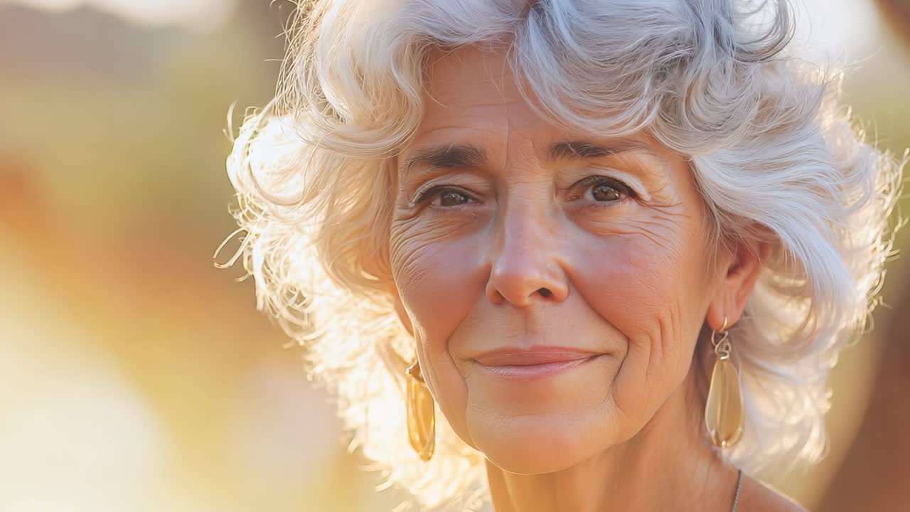 Mature woman with silver hair basking in soft sunlight. Radiating inner confidence while sitting peacefully within lush natural park surroundings. Embodying graceful aging and serene feminine beauty
