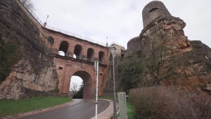 Low wide angle of the Bock Casemates ruins in Luxembourg City