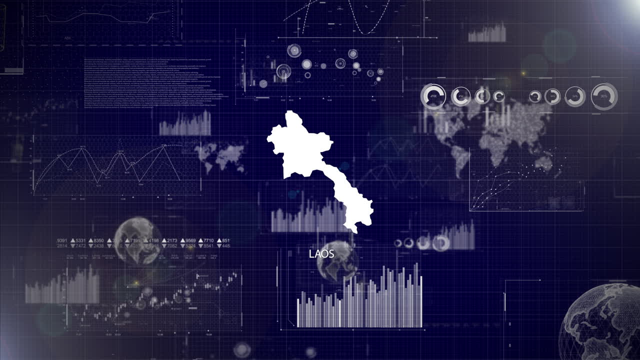 데이터 분석의 추상적인 요소와 함께 기업 배경: 데이터 분석 기술 비디오와 함께 세계, 성장, 그래프, 라오스 국가의 통계 데이터