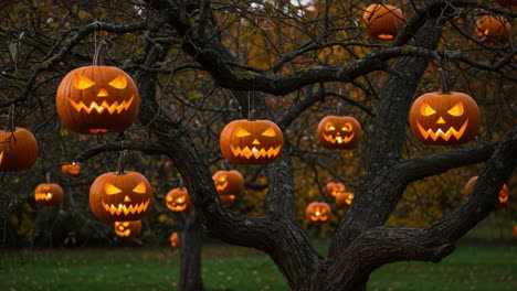 A Spooky Display of Jack-o&#039;-Lanterns Hanging from a Tree, Illuminated by Flickering Lights, Perfectly Capturing the Essence of Halloween Festivities and Celebrations