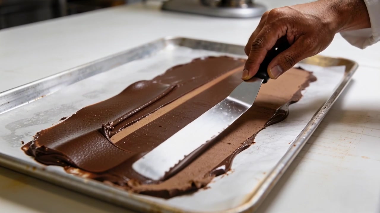 Chef in camice bianco che, usando una spatola angolata, leviga una striscia di cioccolato su una teglia per lucidarla