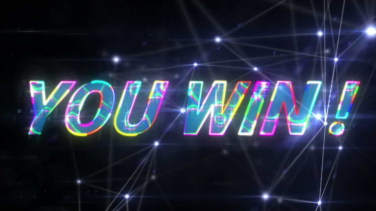 다채로운 애니메이션은 검은색 배경에 연결된 점 위에 텍스트를 얻습니다.