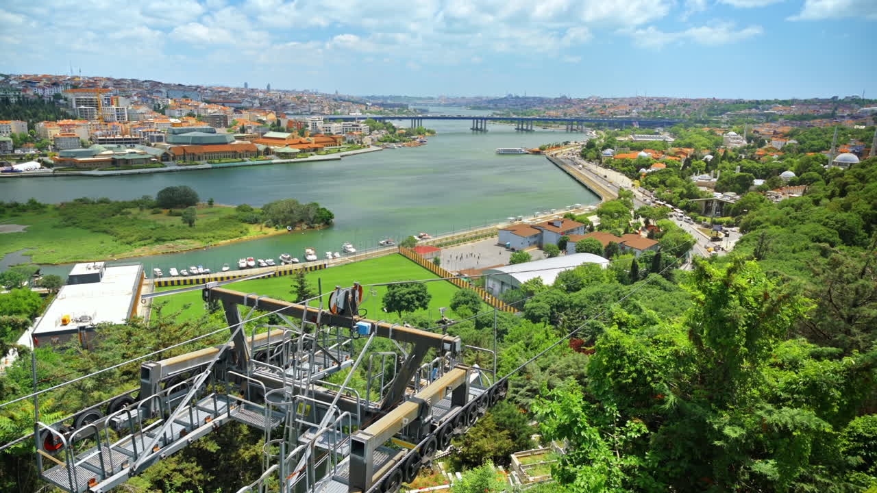 Cityscape of Istanbul Turkey. Pierre Loti with moving cable car, multiple buildings and greenery, Golden Horn waterway, downtown on the background