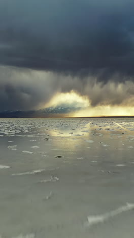 bonneville salt flats, utah. vertical drone shot of water water dramatic sky reflection and soil