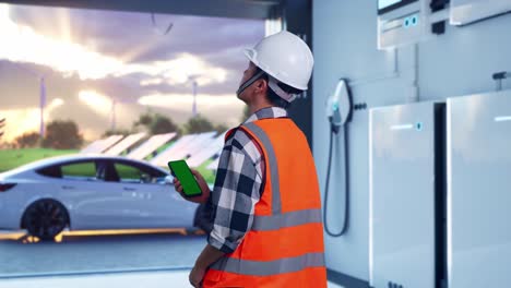 back view of asian male engineer with safety helmet working on a green screen smartphone and looking around while standing with home energy storage system in a modern garage