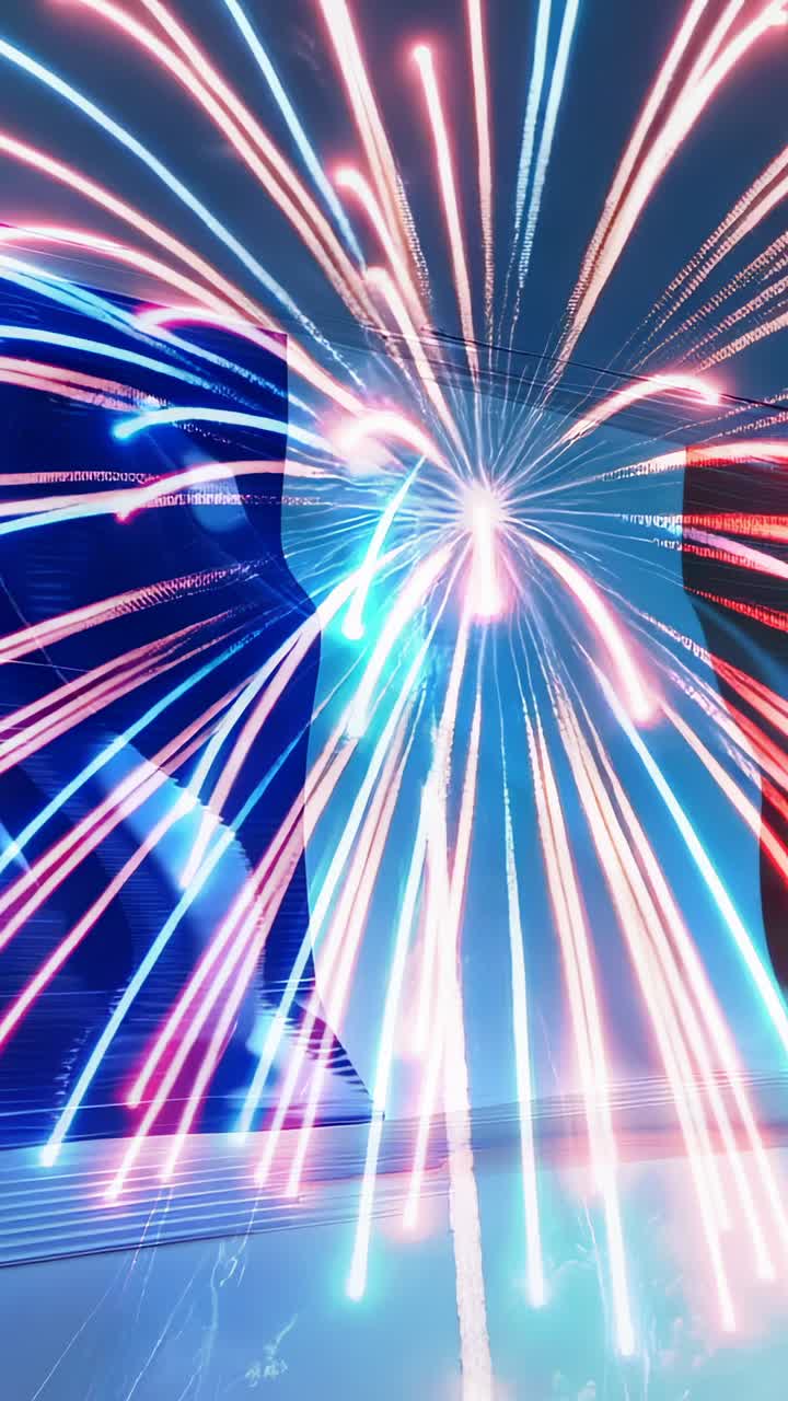 Vertical video: Bursting fireworks driving dancer onto LED stage, pivoting twirling showcasing gown