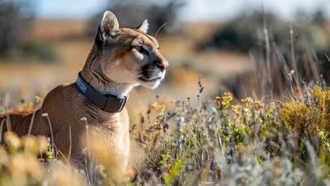 mountain lion with tracking collar in natural habitat