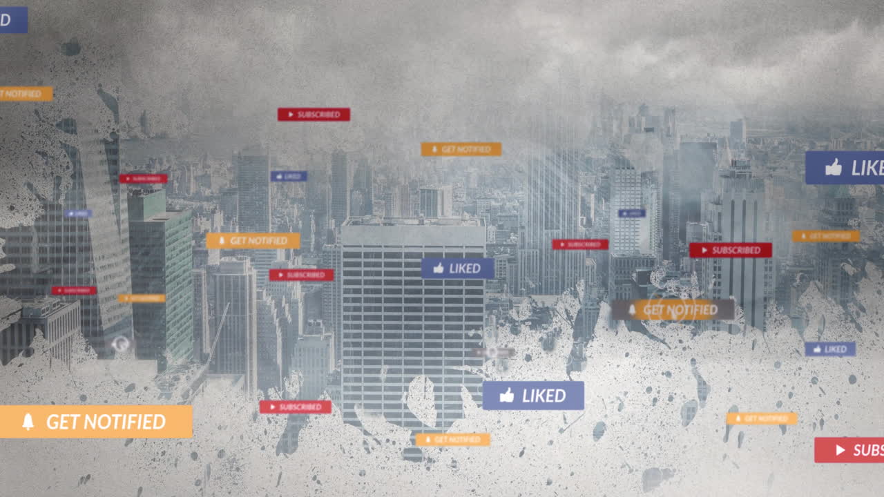 Animation of social media notifications floating over city skyline buildings