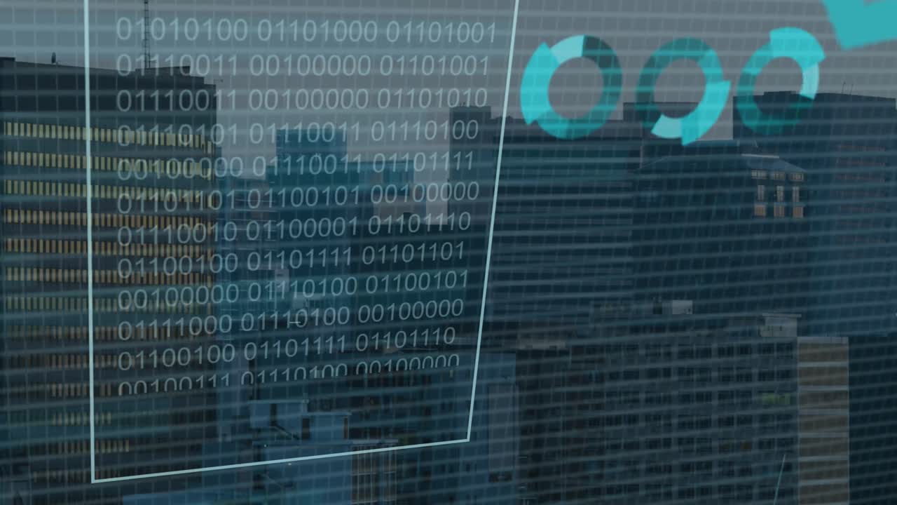 Animation of financial data processing and binary coding over city