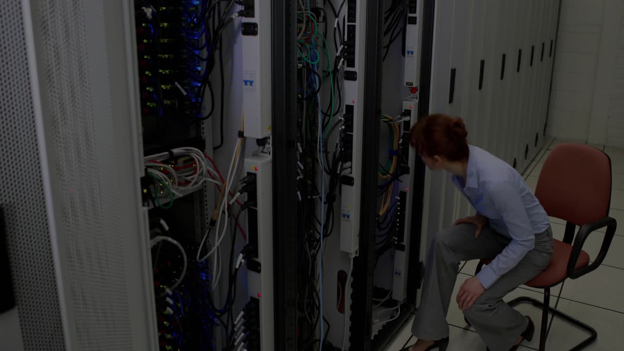 Woman tech checking crypto status in dc scan initiating CRYPTO overlay crossing racks touching tech