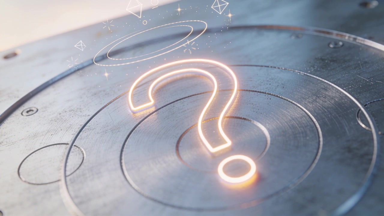 Animazione iniziale di un simbolo di punto interrogativo al neon luminoso che forma un alone e scintille su una piastra incisa
