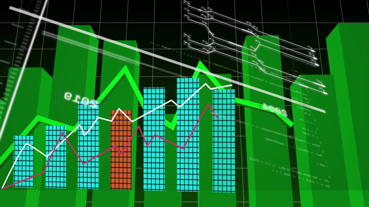 Green bar graphs and line charts showing financial data analysis animation