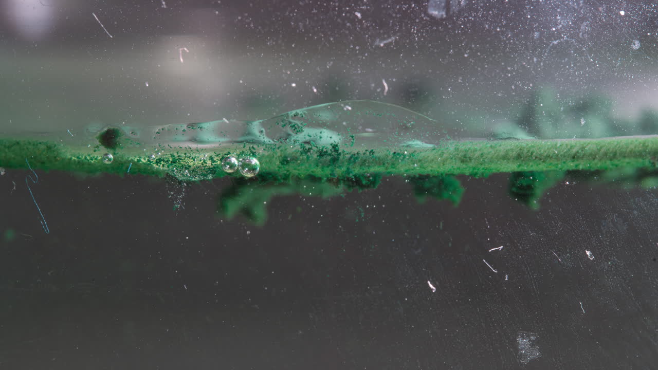 Pill dissolving in liquid, bubbles forming with greenish particles