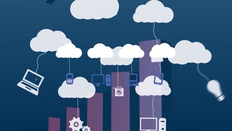 animación de nubes con iconos de tecnología sobre gráficos sobre fondo azul