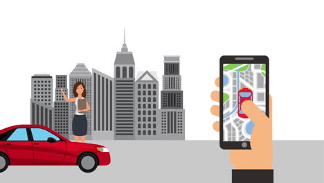 mano y teléfono inteligente con aplicación de tecnología gps