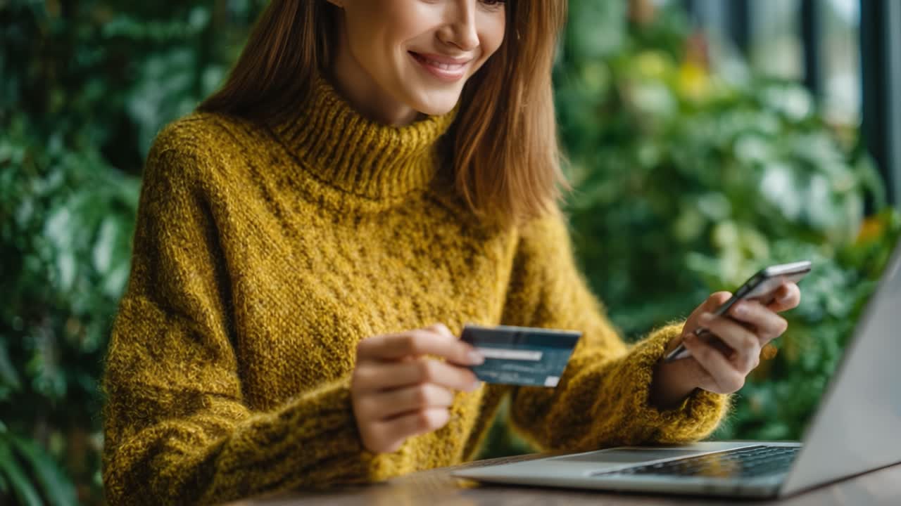 A Young Woman Using Her Smartphone While Holding a Credit Card, Enjoying Online Shopping in a Cozy Environment with Lush Greenery in the Background