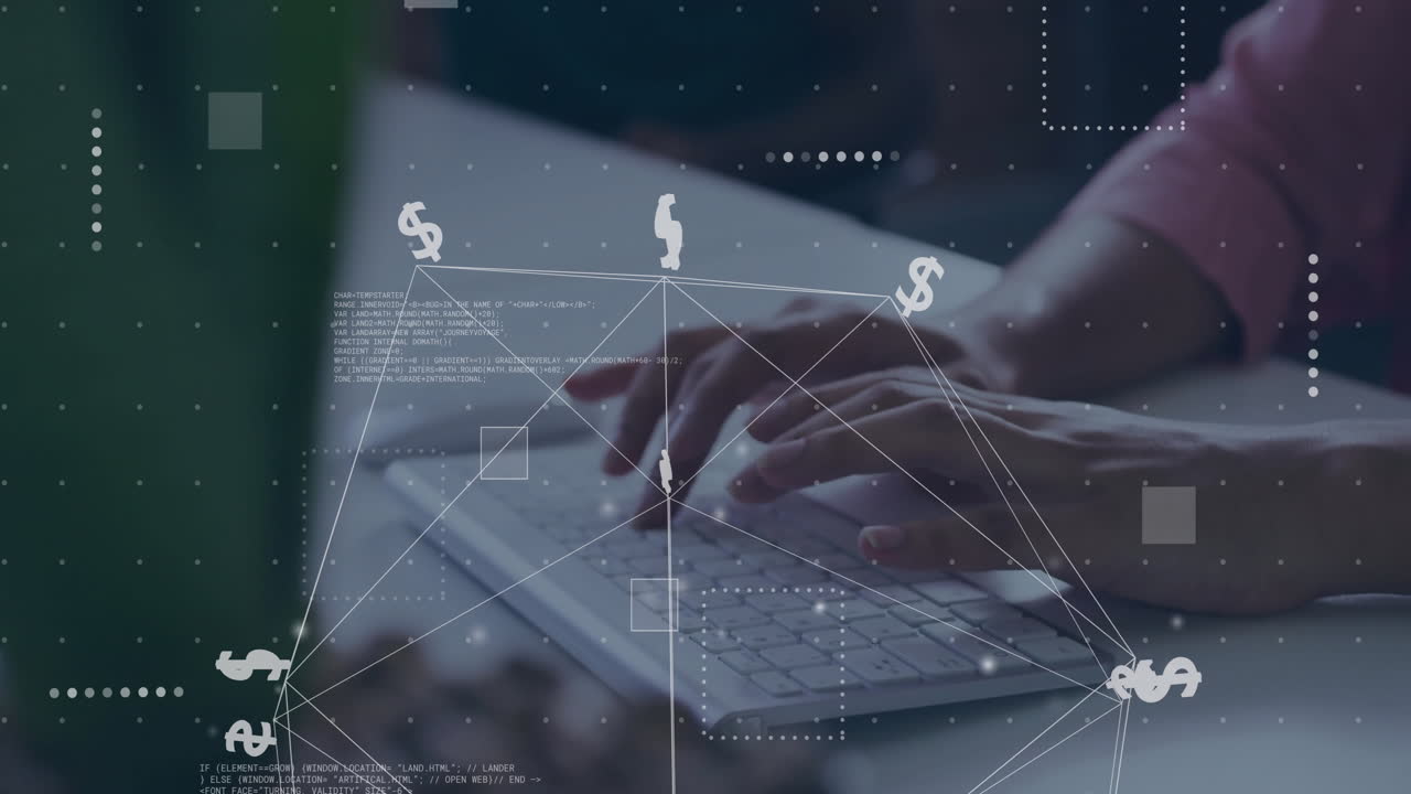 Animation of currency signs, network and data processing over caucasian woman using laptop