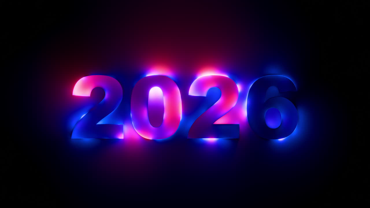 Glowing 2026 Numbers with Moving Neon Gradient Light Effect in Dark Background. Looped animation. 3D rendering