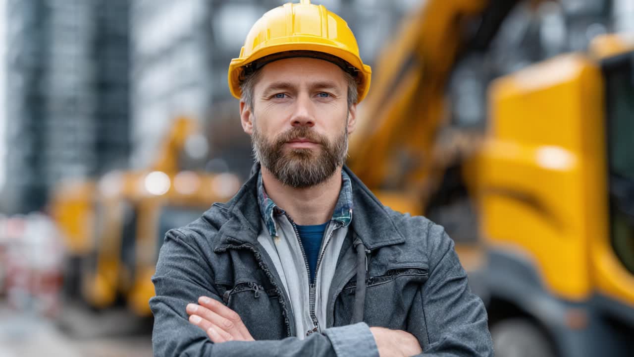 Confident Construction Worker in Safety Gear Overseeing Project Transportation with Heavy Machinery in Background