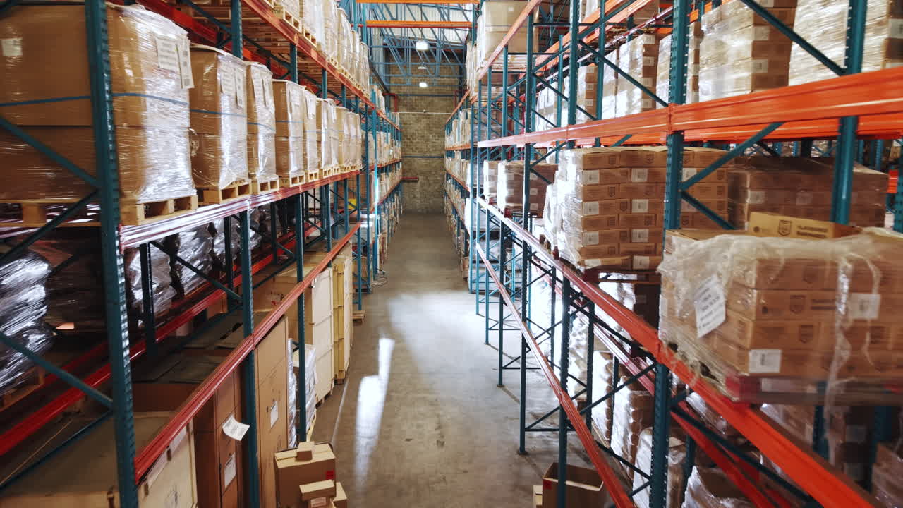 Interior de um armazém com prateleiras cheias de caixas