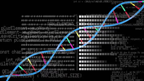 animación del procesamiento de datos sobre la cadena de adn sobre fondo negro