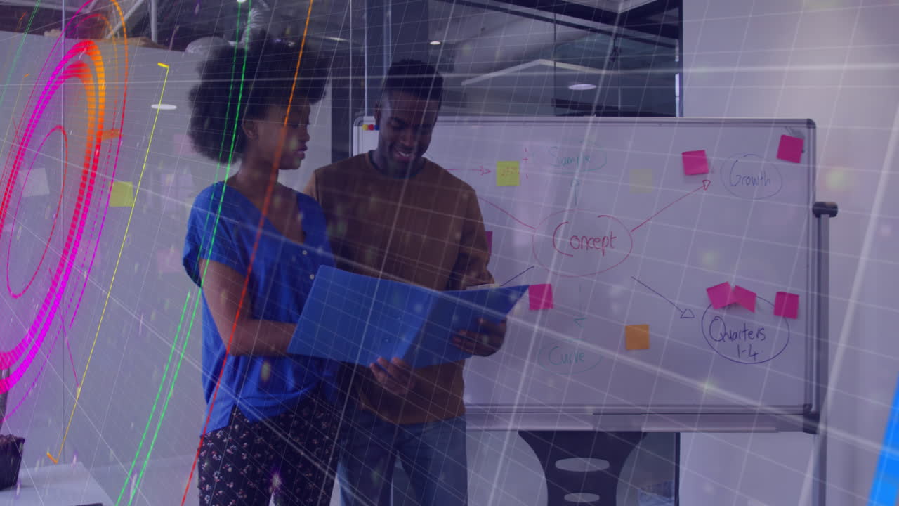 Animation of data processing and scope over diverse business people in office