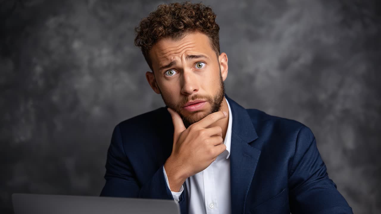 A Series of Expressions: From Pensive Contemplation to Joyful Realization Captured in Two Frames, Showcasing Emotions in a Professional Setting with a Man in a Suit