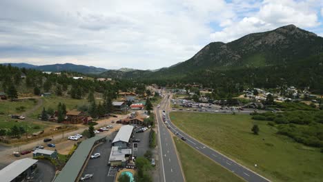 aerial drone view of estes park countryside town surrounded by mountains in colorado