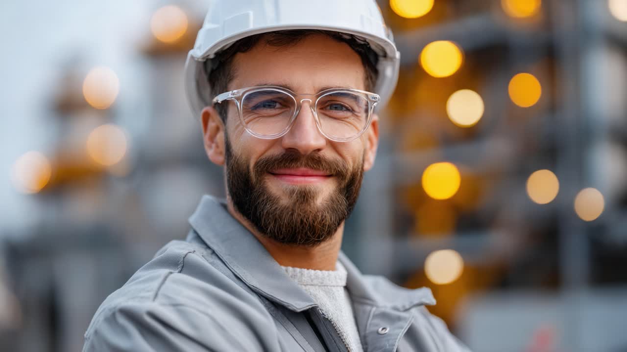 A confident construction worker wearing a hard hat and glasses stands proudly at a construction site, showcasing focus and professionalism in the industry