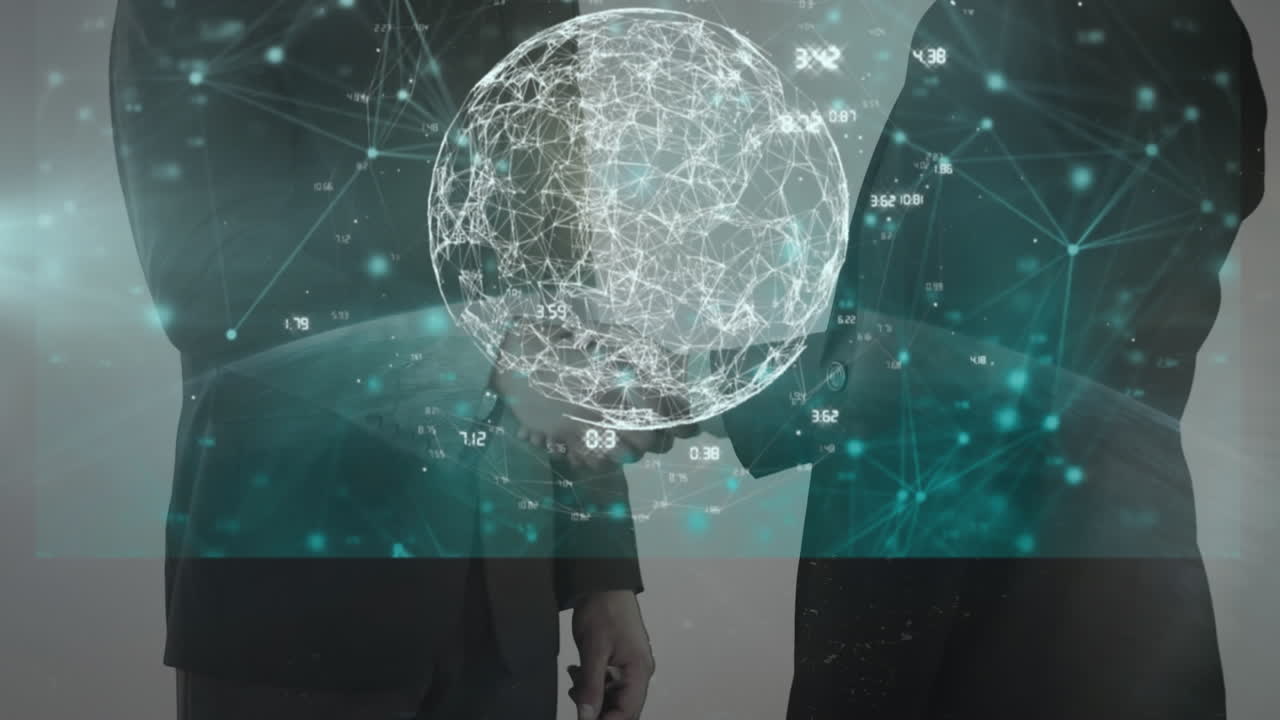 mundo de la red de conexiones contra la sección media de hombre de negocios y mujer de negocios estrechando la mano