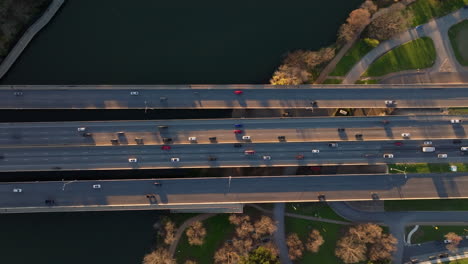 aerial view of traffic on multilane highway slowing down and becoming congested