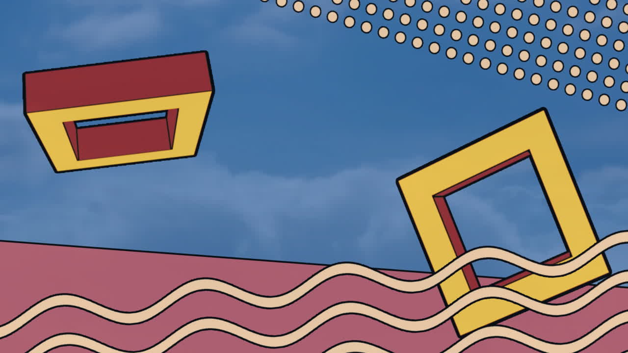 Animation of abstract geometric shapes and wavy lines against blue sky background