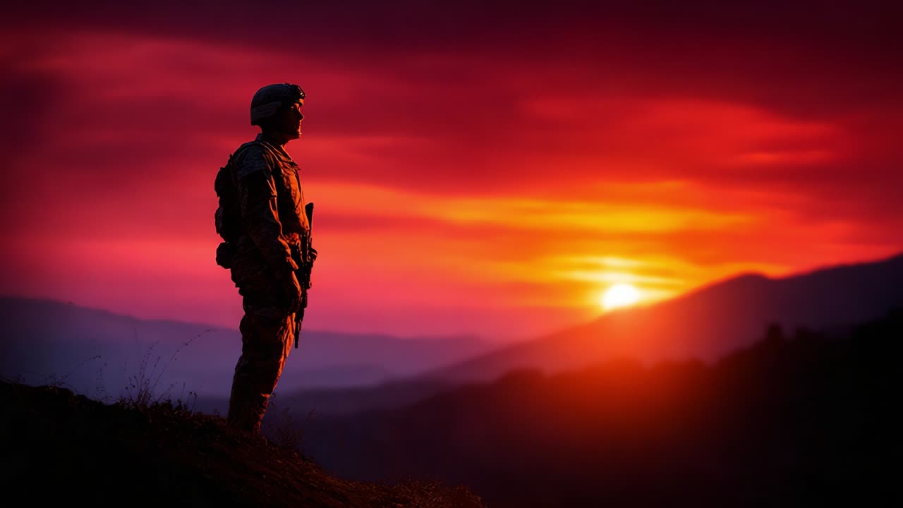 A soldier stands majestically against a breathtaking sunset, embodying resilience and dedication amidst the vibrant hues of twilight, symbolizing the spirit of service and commitment to duty