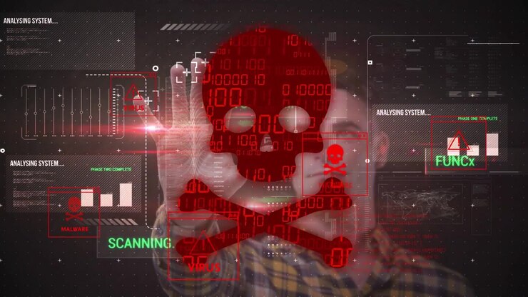 Man placing palm near red skull hologram activating HUD, streaming code and analysing cybersecurity