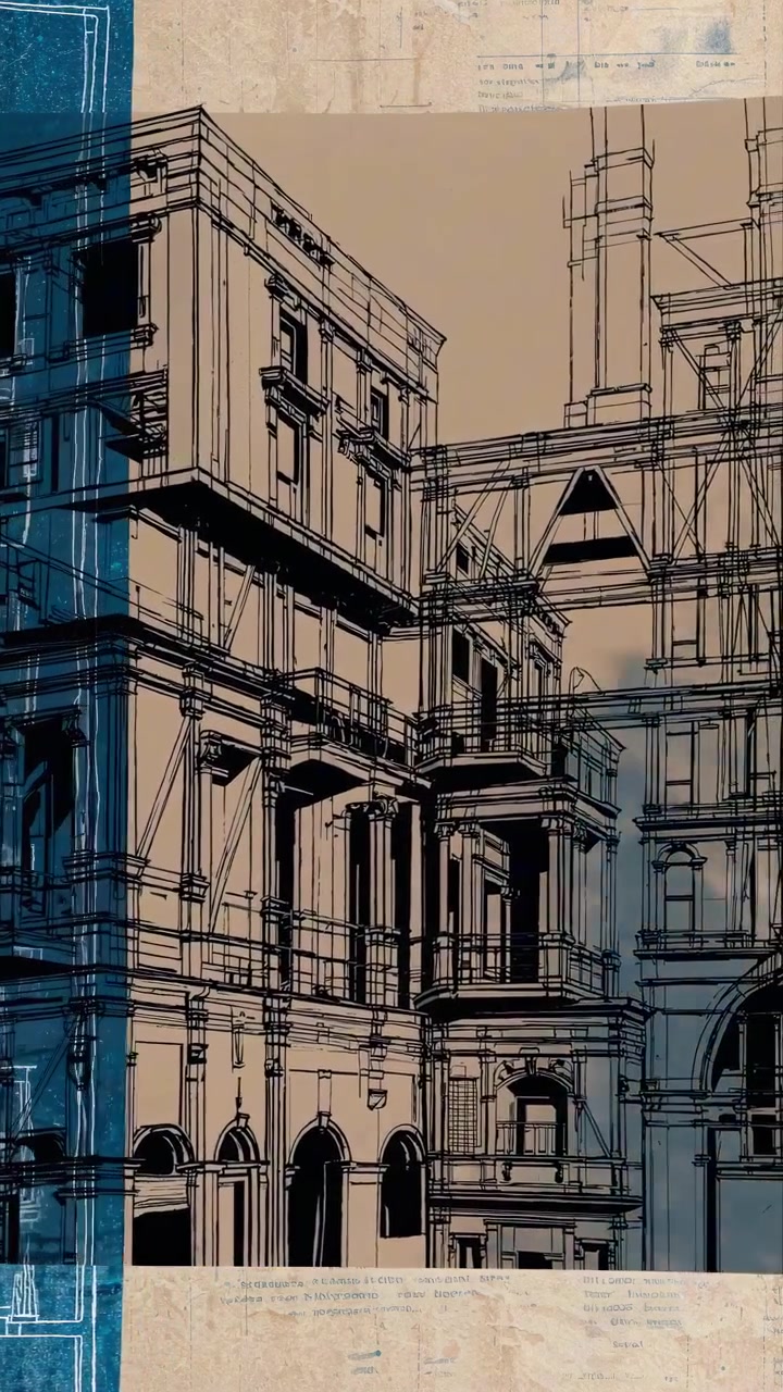 Progetto architettonico animato che rivela un design dettagliato dell'edificio
