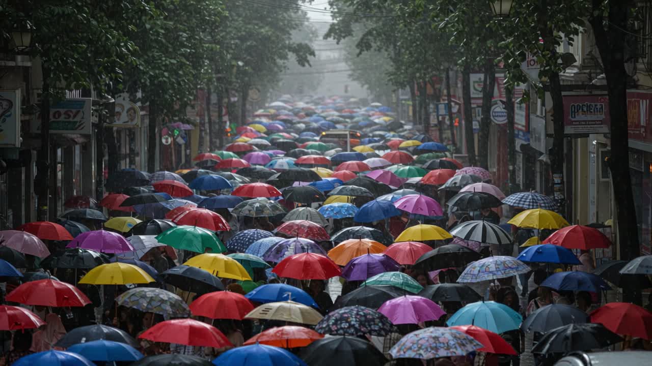 A Crowded City Street Filled with People Under Colorful Umbrellas in the Rain