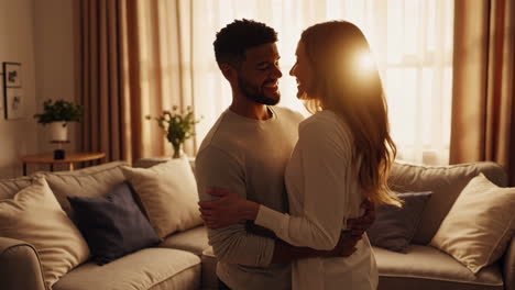 a loving couple embracing in a warm, cozy living room
