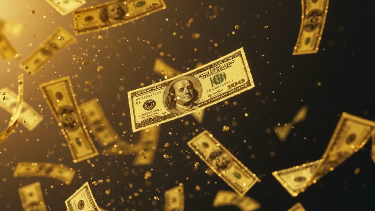 Dollar bills gracefully drift through the air, crafting an enchanting visual spectacle against a shimmering, golden backdrop