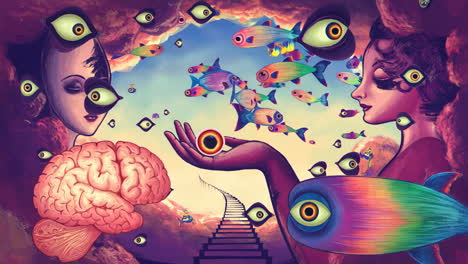 a surreal fantasy world with eyes, fish, and brains