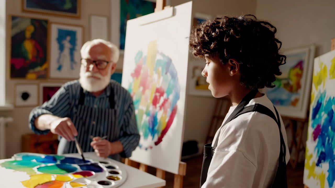Senior Artist Teaching a Child to Paint