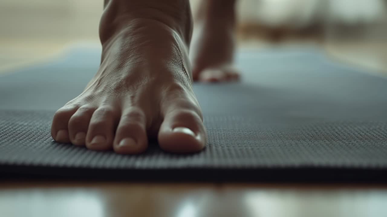 Persona che poggia l'avampiede su un tappetino testurizzato, iniziando una postura fitness mentre le dita dei piedi afferrano il pavimento