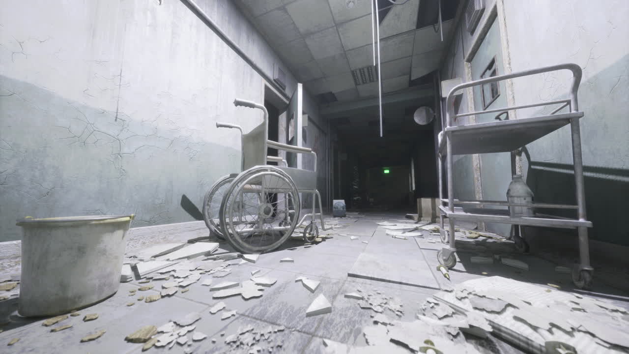 Abandoned hospital hallway with broken equipment and debris scattered
